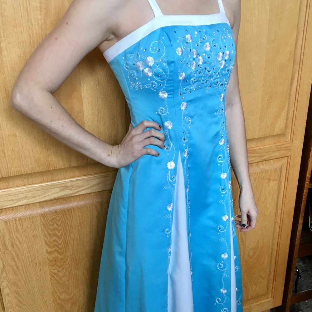 Women’s long light blue & white prom dress